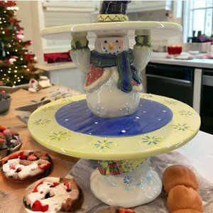SANTA'S WORKBENCH -- NEW Christmas 2-Tiered Cake/Candy/Treat Plate with Snowman